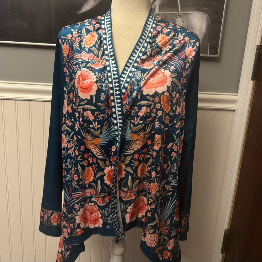 Ursime Teal Floral Open Front Cardigan Velvet Bohemian Size XXL NWT